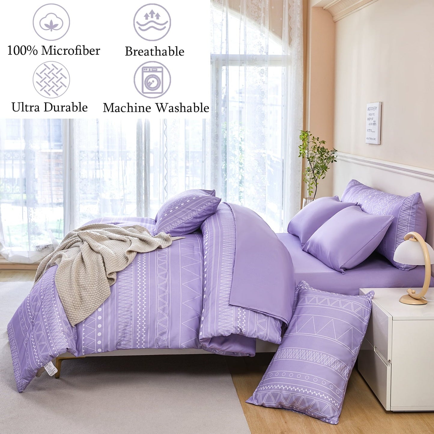 Luxurious Quilted 8-Pieces Boho Bedding Set Full Lavender Striped Bed in a Bag for Girls Women Soft Fluffy Purple Comforter Set with Sh... - Luxurious Quilted Duvet Cover Set Detail