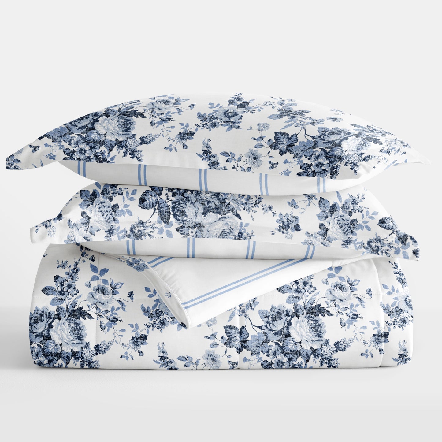 Hypoallergenic Cloud Down Alternative Cabbage Rose Stripe Stone Reversible Comforter Set - All-Season Down Alternative Comforter Insert Detail