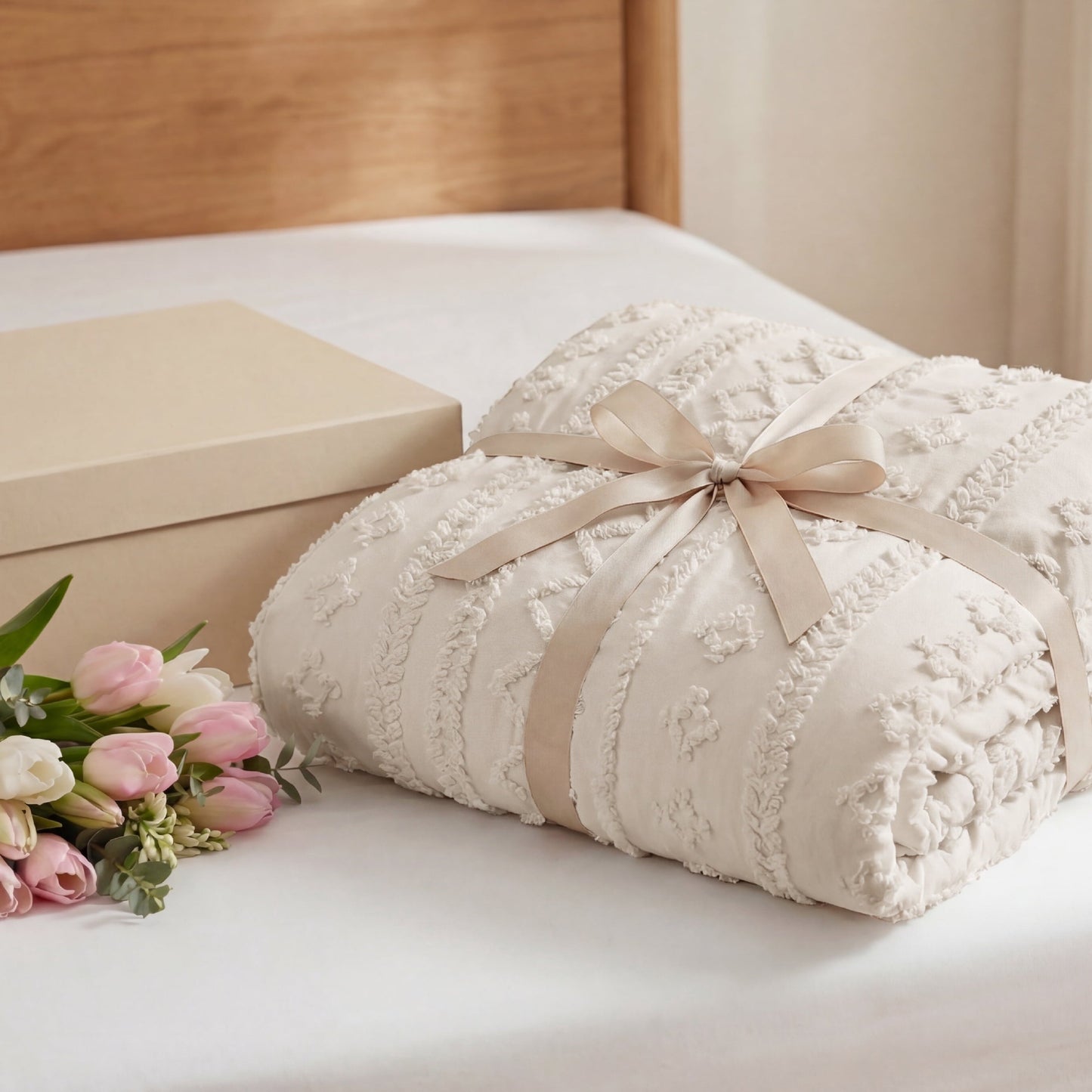 Hypoallergenic Cloud Tufted Boho Comforter Set Queen, Beige, 3 Pieces Farmhouse Shabby Chic Embroidery Bedding Set, Soft Jacquard Comforte... - Luxurious Quilted Duvet Cover Set Detail