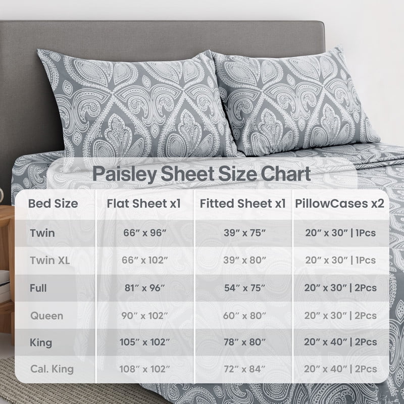 Wrinkle-Resistant Lux Decor 4 Piece Queen Sheet Set, Brushed Microfiber Paisley Printed Bed Sheet Set with up to 16" Deep Pocket Fitted... - Premium Ultra-Soft Pillowcase Pair for Sleeping Detail