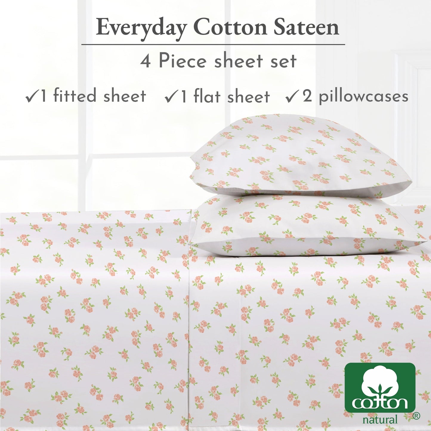 Premium Egyptian Cotton 4 Piece Printed Floral Bed Sheets Queen Size Set - 100% Cotton Sheets Queen, Soft Sateen Bedsheets, Deep Pocket Queen... - Breathable Egyptian Cotton Flat & Fitted Sheets Detail