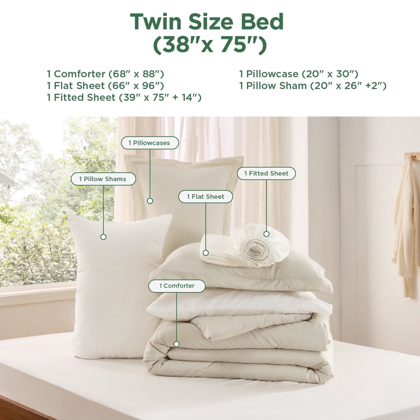 Heavyweight Warmth Twin Comforter Set Beige, 5 Pieces Lightweight Twin Bedding Sets Boho with Comforter, Sheet, Pillowcase & Sham - Luxurious Quilted Duvet Cover Set Detail