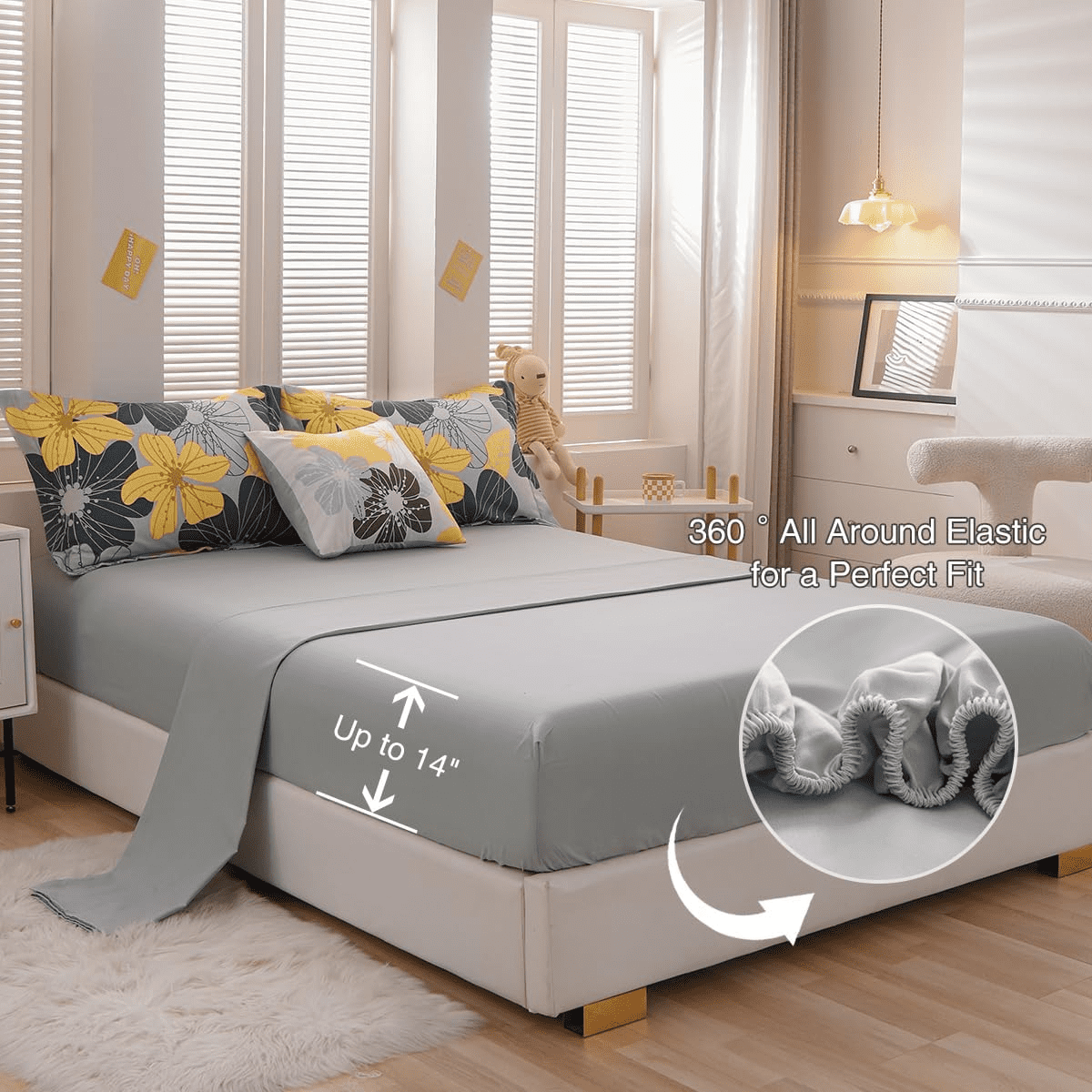 Luxurious Quilted Yellow Floral Comforter Set Queen Flower Bed Set Adult Soft Botanical Boho Bedding Set - Cloud-Like Soft Lightweight Bed Comforter Detail
