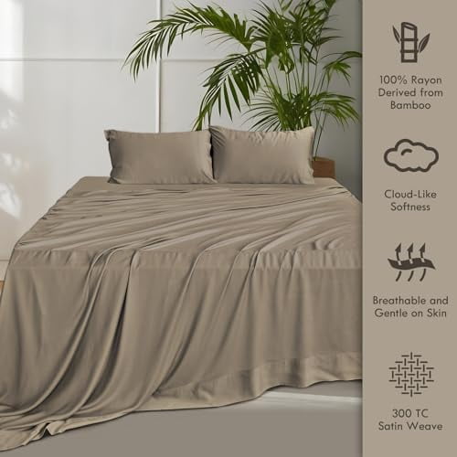 Cooling Sateen Home 4-Piece Queen Bamboo Bed Sheet Set, 100% Organic Cooling Fabric, 16" Deep Pocket, Taupe - Premium Ultra-Soft Pillowcase Pair for Sleeping Detail