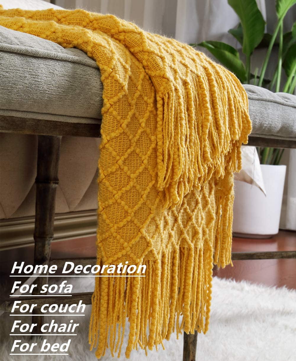 Lightweight Warm Decorative Soft Spring Summer Fall Throw Blanket ,for Couch Sofa Chair Bed,50''X60'',Mustard Yellow - Lightweight Plush Warm Blanket for All Seasons Detail
