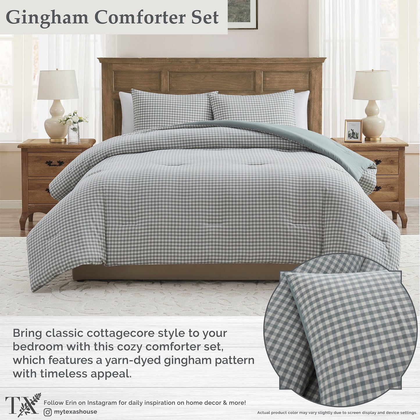 Luxurious Quilted Full/Queen Comforter Set, All-Season, 3-Piece, Green Gingham Plaid - Cloud-Like Soft Lightweight Bed Comforter Detail