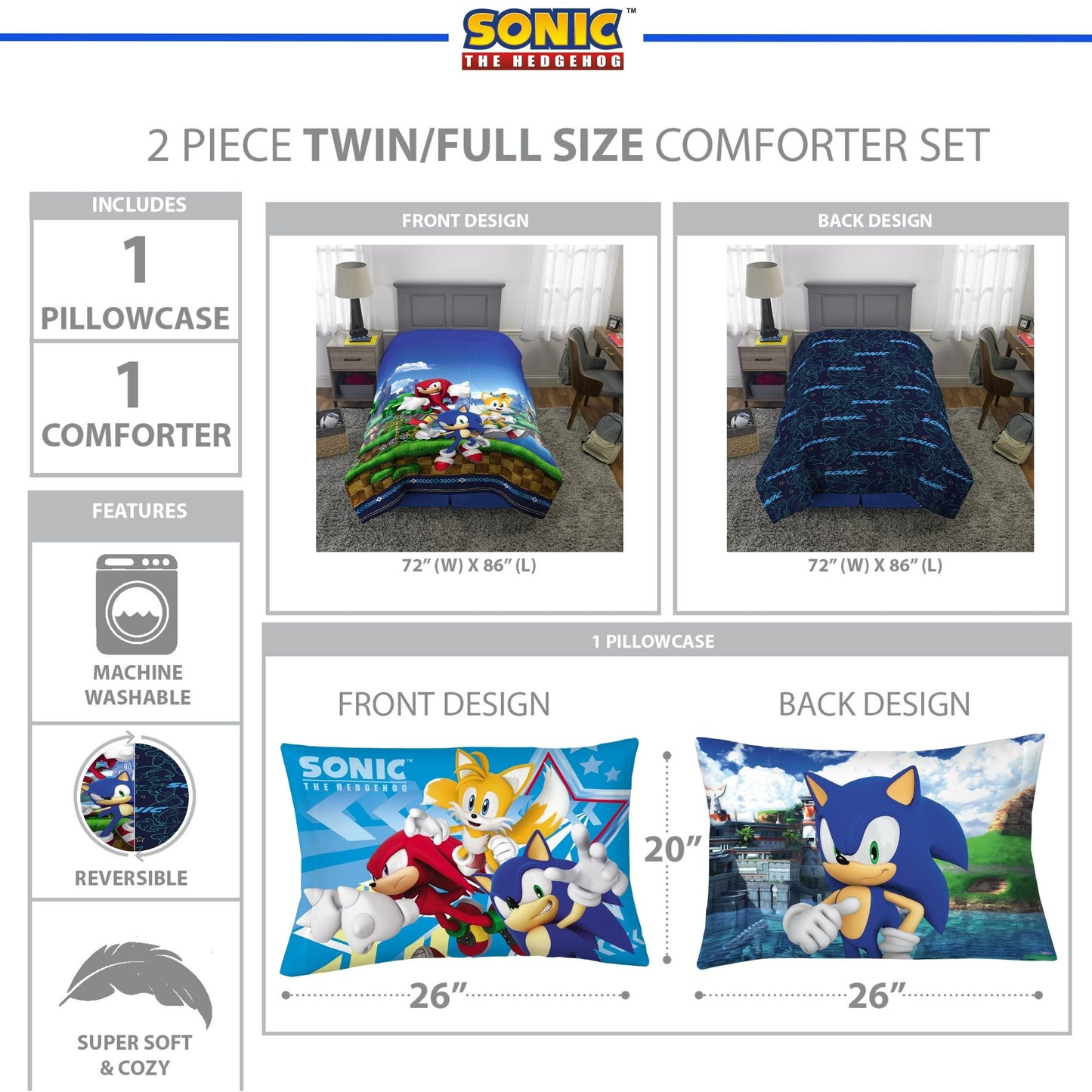 Hypoallergenic Cloud Sonic the Hedgehog Kids 2 Piece Blue Green Reversible Comforter and Pillowcase set, Twin/full - All-Season Down Alternative Comforter Insert Detail