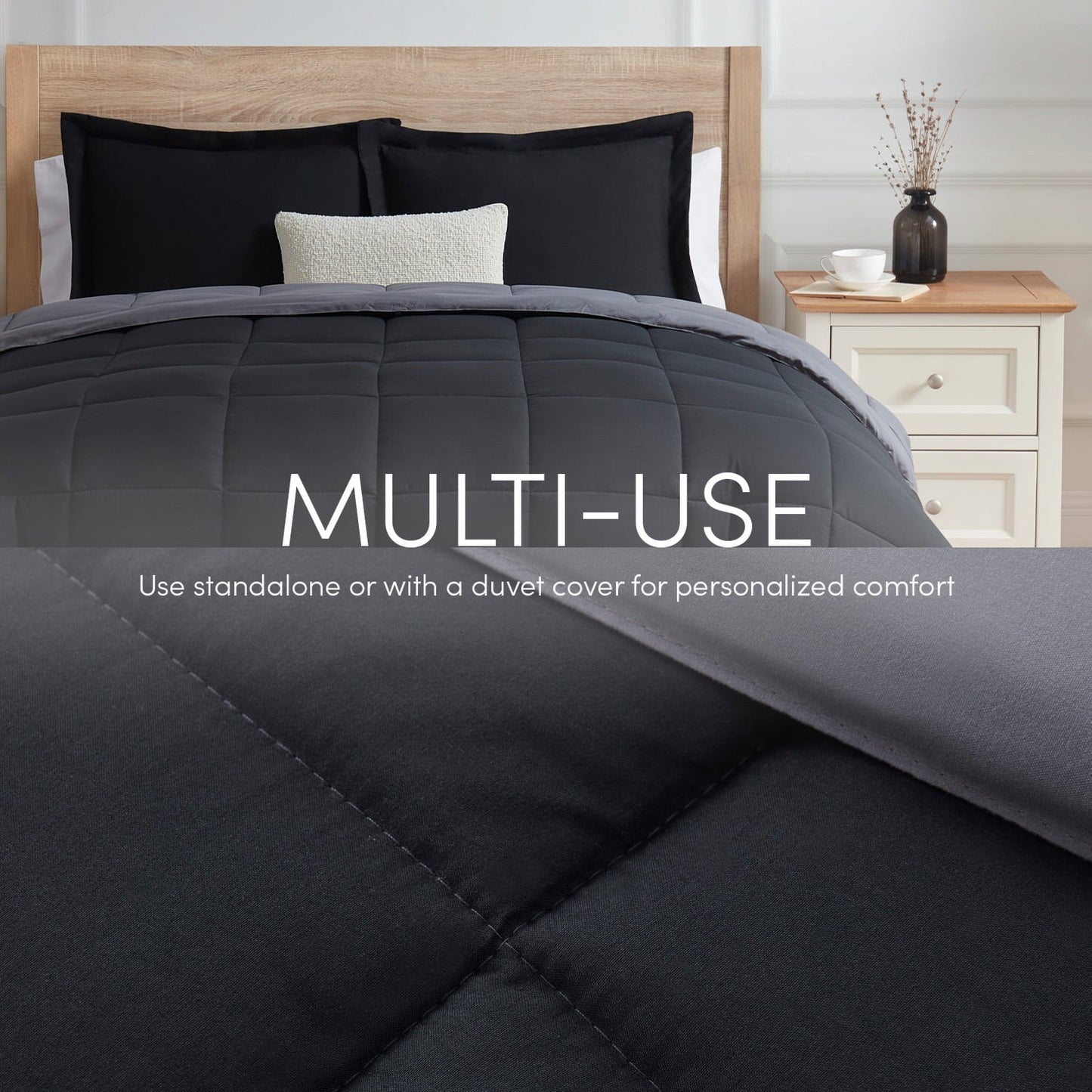 Luxurious Quilted Queen Comforter Set, 3 Piece Bed in a Bag, Reversible Down Alternative Bedding Set, Black & Gray - All-Season Down Alternative Comforter Insert Detail