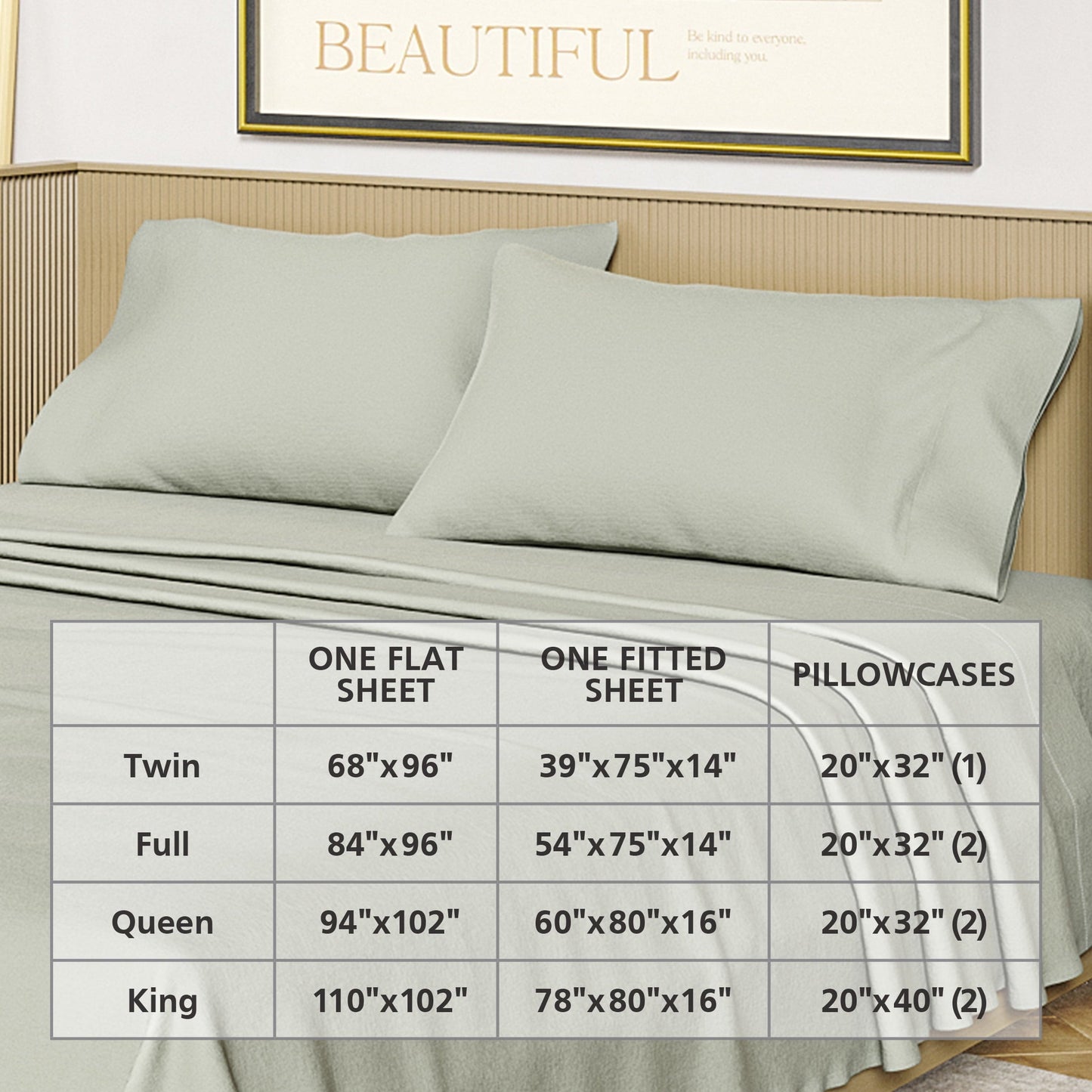 Premium Egyptian Cotton Solid 4-Piece 100% Cotton Washed Percale Sage Green Sheet Set, Full - Breathable Egyptian Cotton Flat & Fitted Sheets Detail