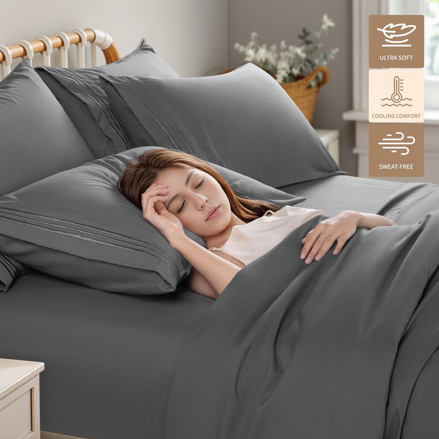 Wrinkle-Resistant 6 Pieces Bed Sheet Set, 1800 Series Soft Microfiber Queen Sheets with 16" Deep Pocket, Dark Gray - Cooling Hotel Quality Bedding Sheets and Pillowcases Detail