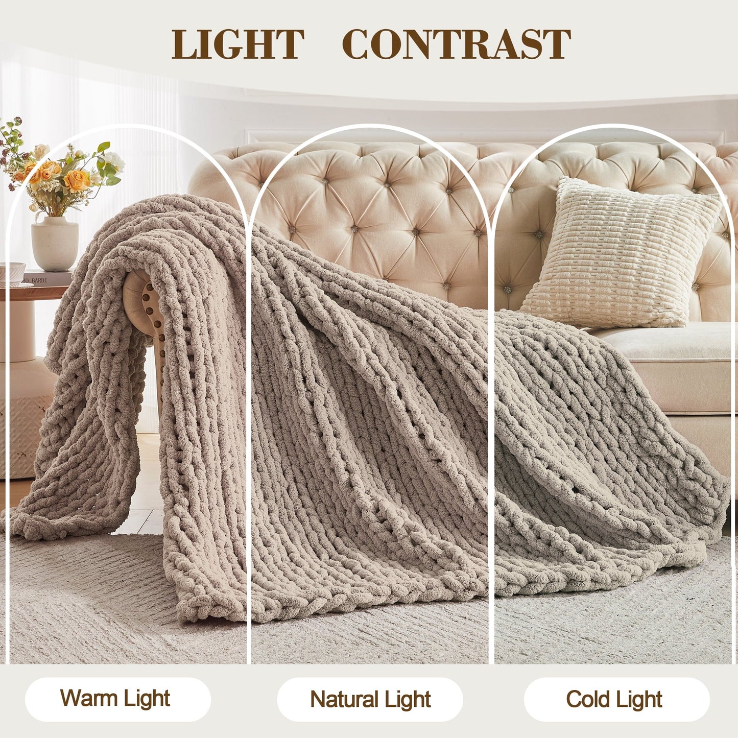 Super Soft Flannel Chunky Knit Throw Blanket Handmade Soft Throws for Couch Sofa Bed, 50" x 60" Taupe - Super Soft Reversible Sherpa Flannel Blanket Detail