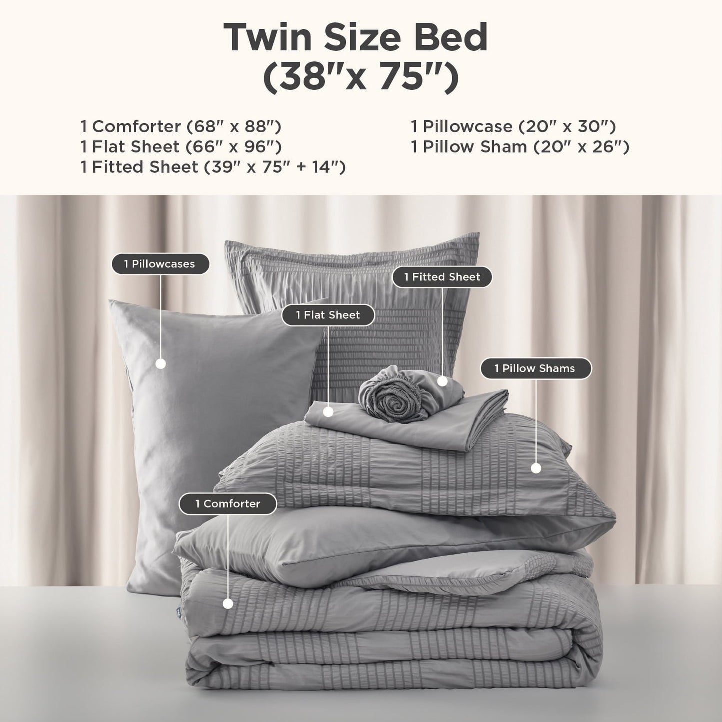Heavyweight Warmth Twin Comforter Sets 5 Pieces Stripes Seersucker Bedding Set, Bed in a Bag with Soft Comforter & Sheets, Pillowcase & ... - All-Season Down Alternative Comforter Insert Detail