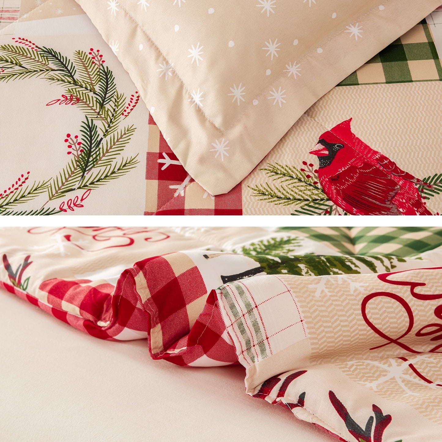 All-Season 3 Pcs Christmas Comforter Set, Bed in a Bag Wreath Snowman Queen/Full Size Xmas Bedding Set Fitted Pillowcases for Adult - Cloud-Like Soft Lightweight Bed Comforter Detail