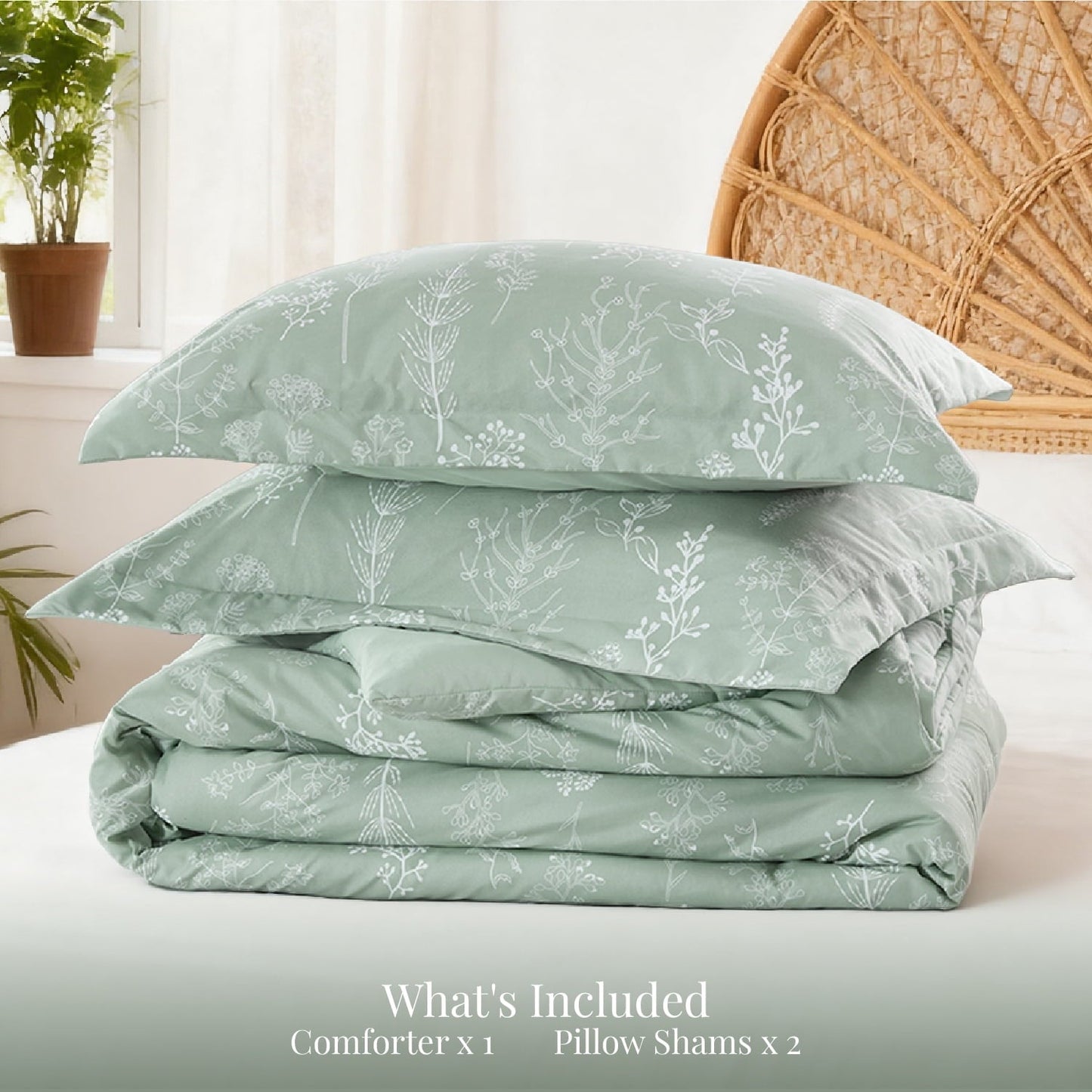 Luxurious Quilted 3 Pieces Sage Green Floral Comforter Sets, 1 Botanical Flowers Reversible Comforter and 2 Pillow Shams, Queen Size Be... - Hypoallergenic Ultra-Fluffy Quilt for Winter Detail