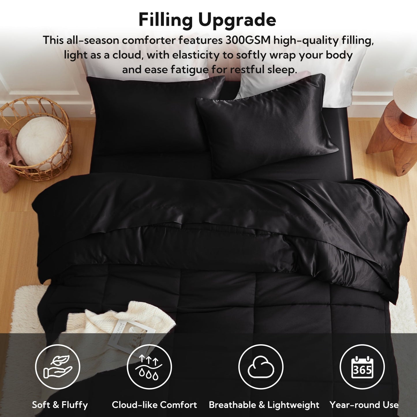 Luxurious Quilted Reversible Satin Microfiber Comforter 3 Pieces Queen Size, Black Queen Comforter Set for All Seasons, Silky Soft Sati... - Luxurious Quilted Duvet Cover Set Detail