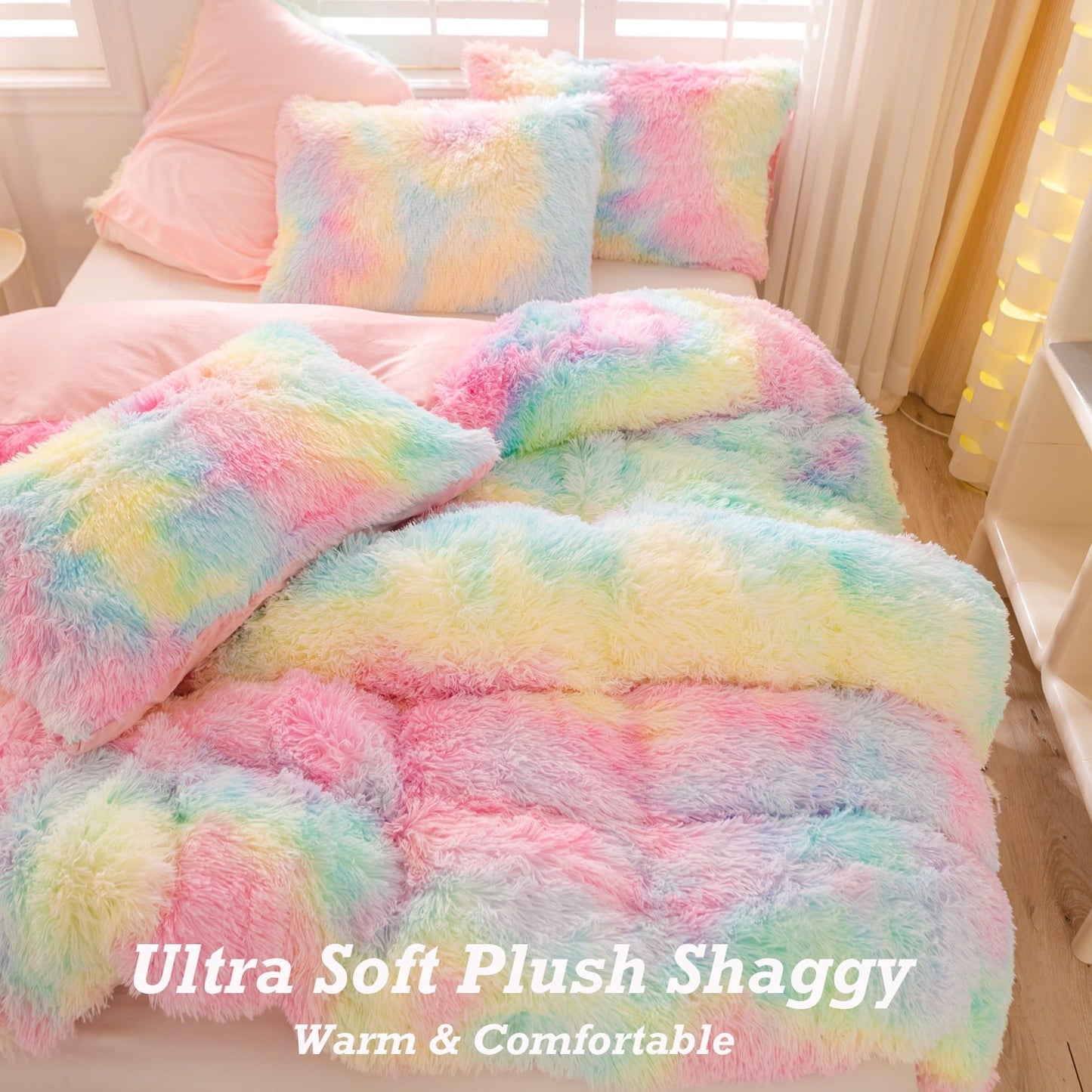 Fluffy Down Alternative 3Pcs Pink Faux Fur Twin Comforter Set for Girls Tie Dye Rainbow Kid Bed Set Plush Shaggy Bedding Sets Fuzzy Bed Comfo... - Hypoallergenic Ultra-Fluffy Quilt for Winter Detail
