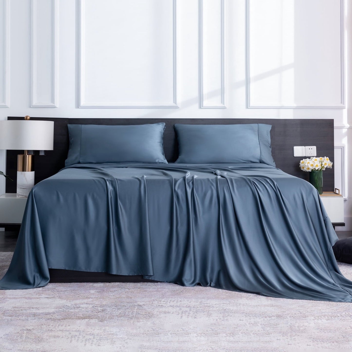 Breathable Luxury Luxury Bamboo Bed Sheets Set Full 4 Pcs for Adult,Soft&Cool,16" Deep Pocket,Blue Gray - Cooling Hotel Quality Bedding Sheets and Pillowcases Detail