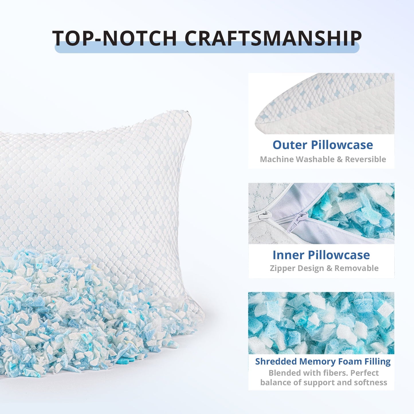 Ergonomic Memory Foam 2-Pack Adjustable Cooling Bed Pillows, Shredded Memory Foam Pillows Set of 2, Standard Queen, Dual Sides - Decorative Throw Pillow Cushion for Sofa & Bed Detail