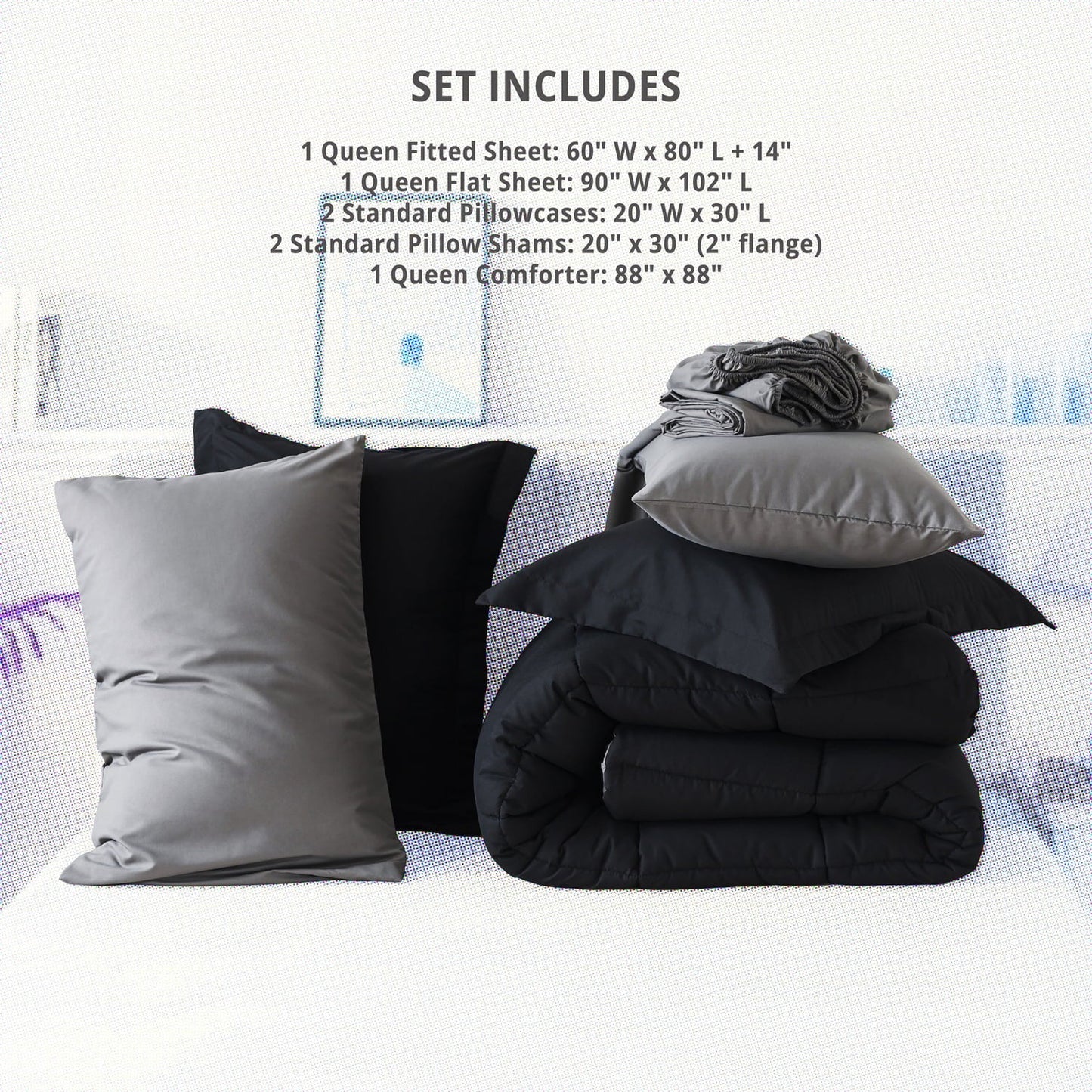 Heavyweight Warmth Queen Size 7 Piece Comforter Set | Bed in a Bag for Unisex Adult | Black/Gray - Cloud-Like Soft Lightweight Bed Comforter Detail