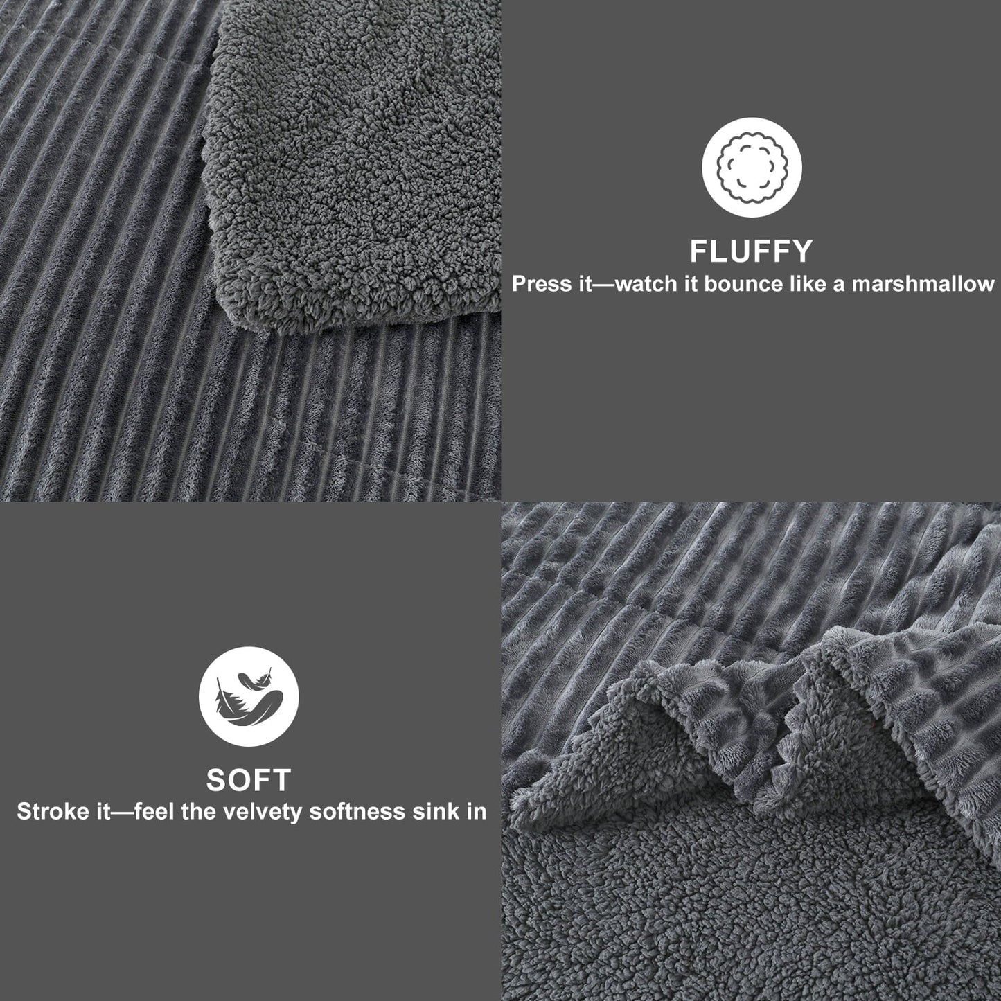 Fluffy Down Alternative 3 Piece Fleece Queen Comforter Set - Soft & Warm Fluffy Dark Gray Sherpa Bedding , Fuzzy Heavy Double Sided Design Wi... - Hypoallergenic Ultra-Fluffy Quilt for Winter Detail