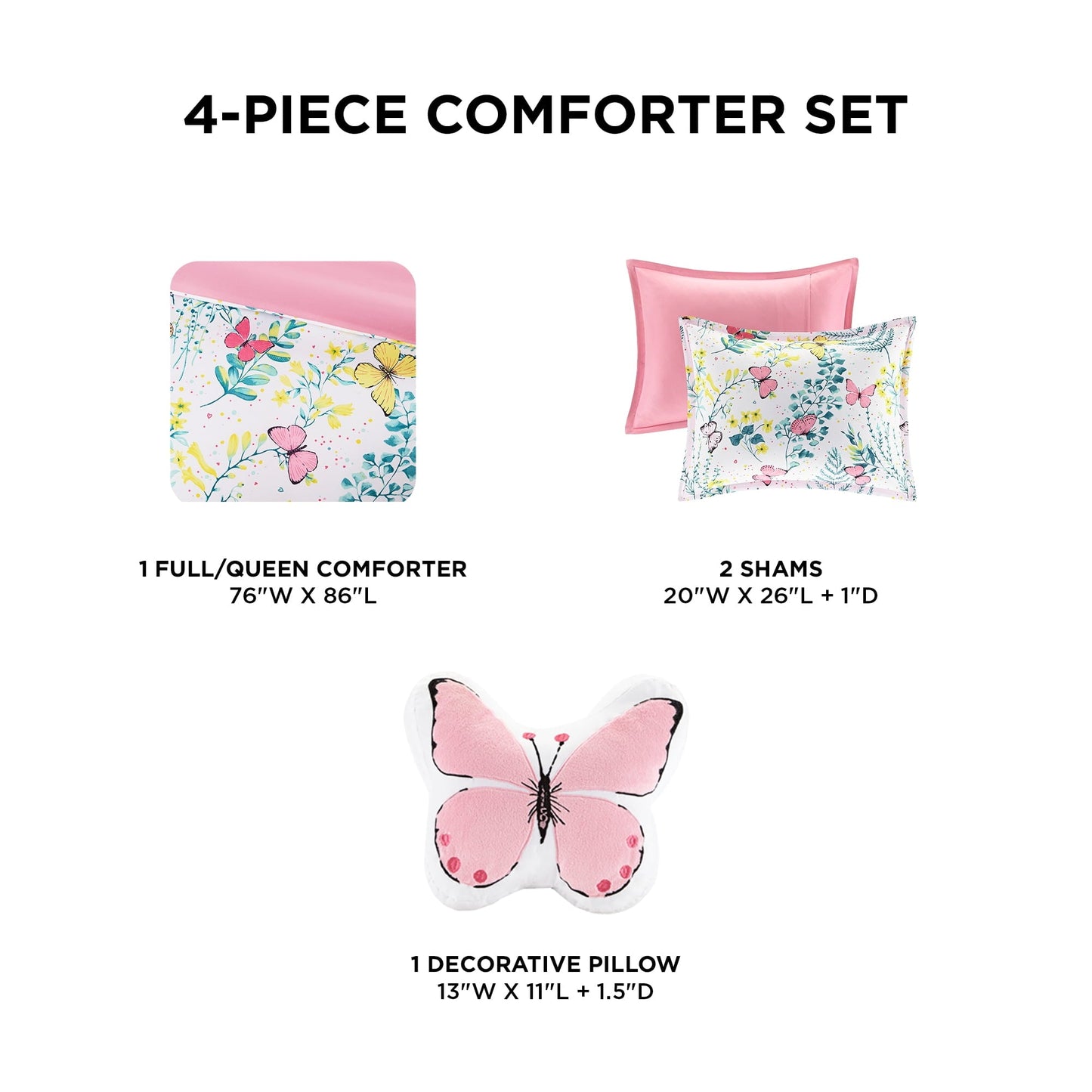 Heavyweight Warmth Full/Queen Size Comforter Sets, 4-Piece Kids Bedding Set for Girls, Butterfly Floral Comforter Bed Set, White/Pink - Cloud-Like Soft Lightweight Bed Comforter Detail