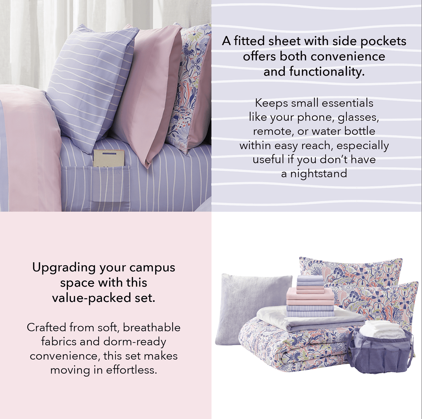 All-Season 14pc College Dorm Essentials Bundle, Twin-XL, Reversible Bed in a Bag Comforter Set, Purple Floral - All-Season Down Alternative Comforter Insert Detail