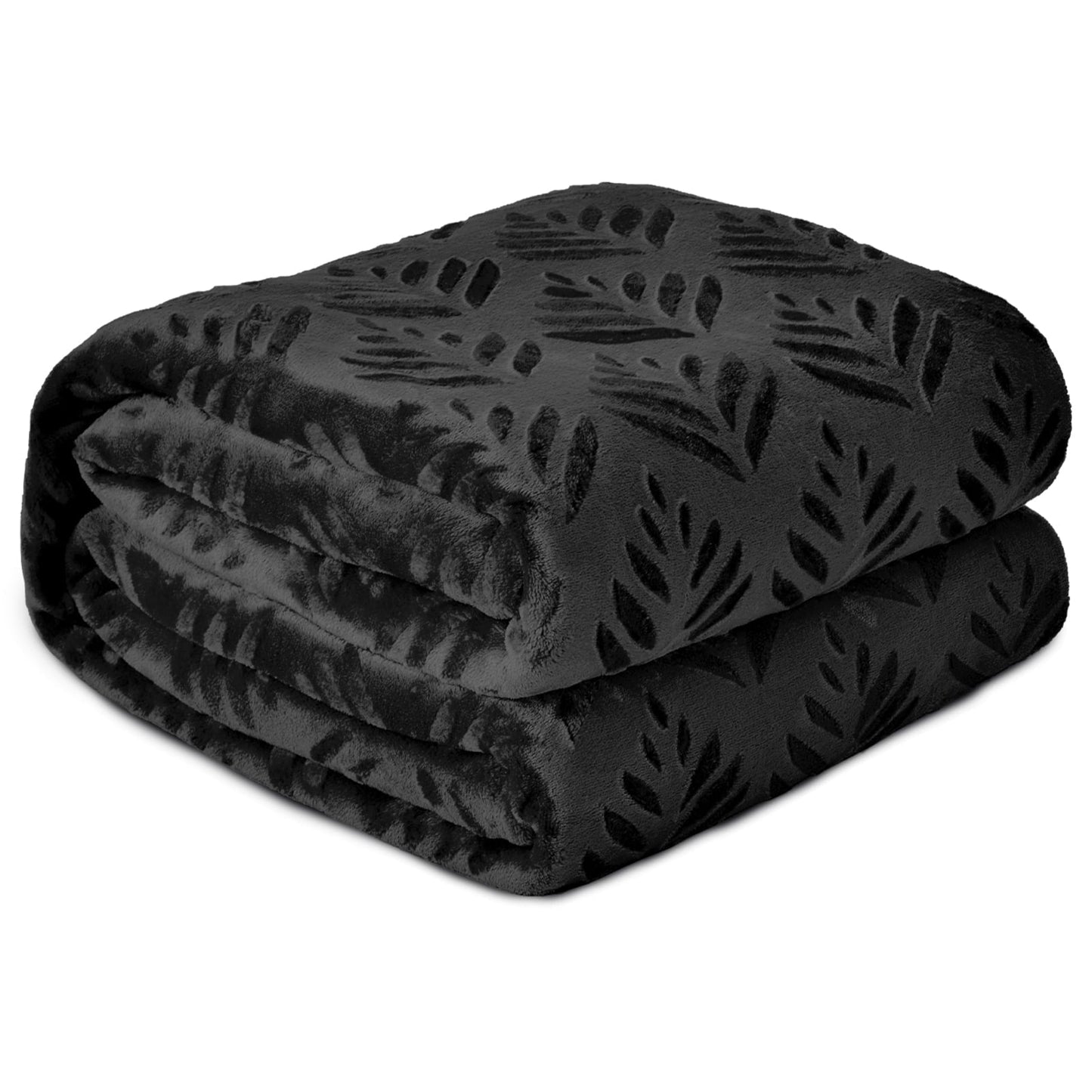 Reversible Sherpa Fleece Throw Blanket for Couch, Leaves Pattern Super Soft and Cozy Blankets, Plush Fuzzy Lightweight, Black, 50"x60" - Luxury Knitted Decorative Throw Blanket with Fringes Detail