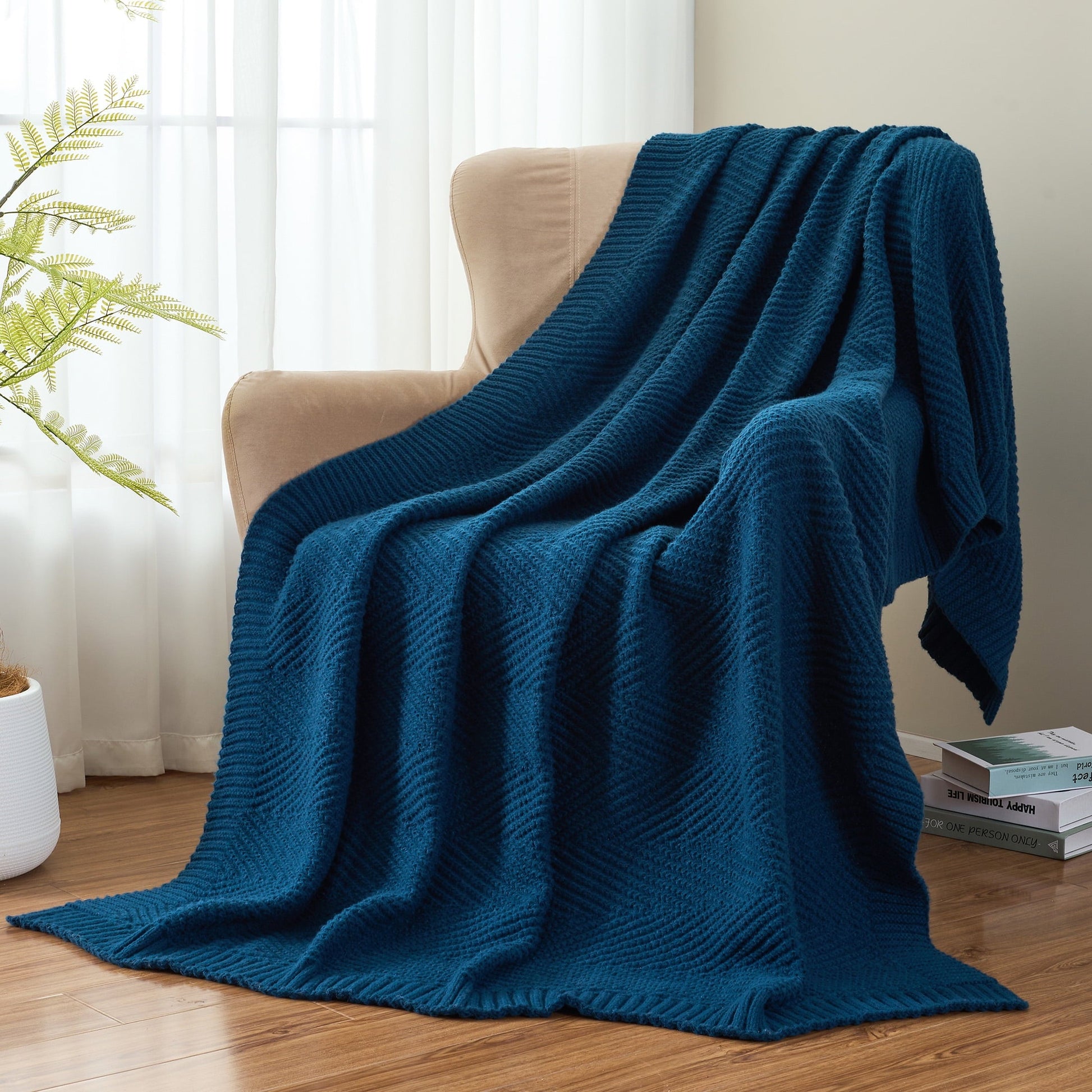 Cozy Fleece Soft Knitted Throw Blanket 50" x 60" Navy Blue, Boho Chevron Farmhouse Throw for Bed Couch - Lightweight Plush Warm Blanket for All Seasons Detail