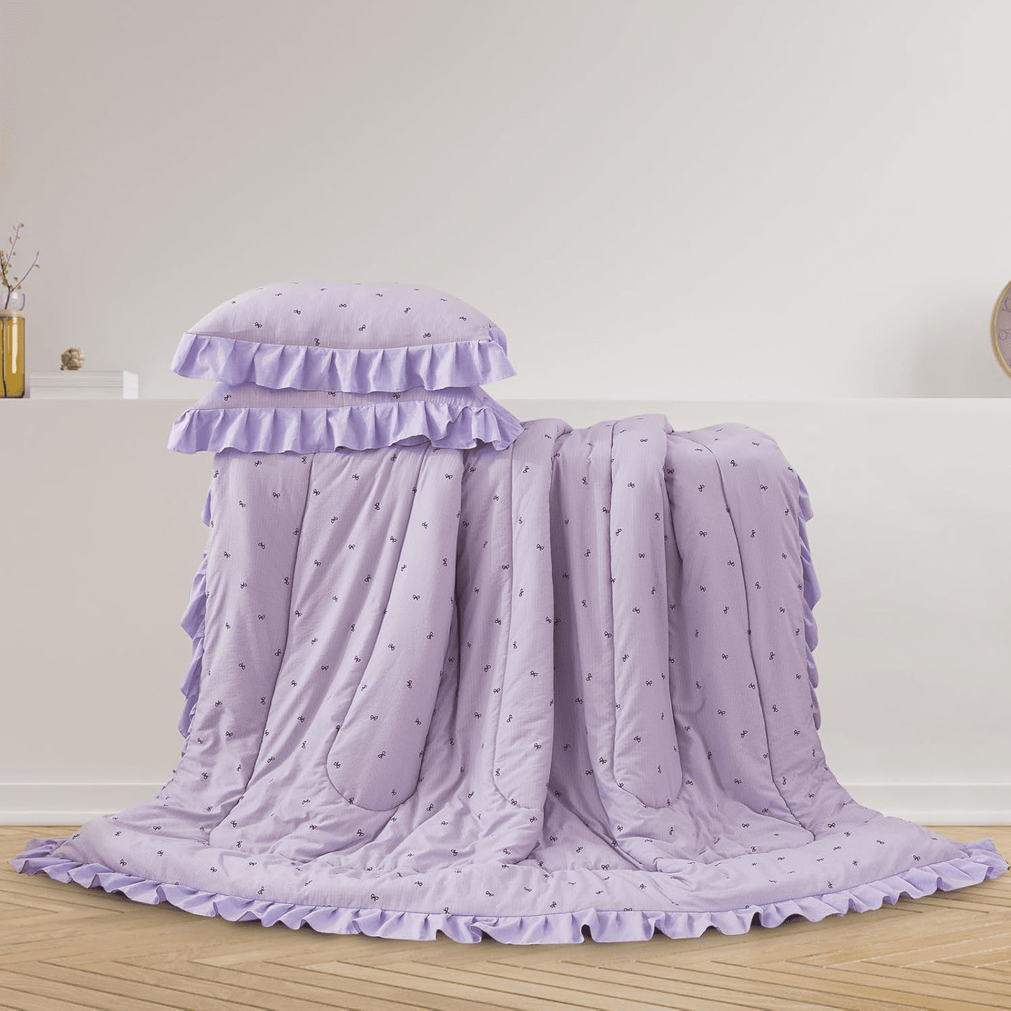 Hypoallergenic Cloud 6 Piece Delicate Bows Purple Bedding Set Ruffle Princess Style Comforter Set Bed in a Bag - Luxurious Quilted Duvet Cover Set Detail