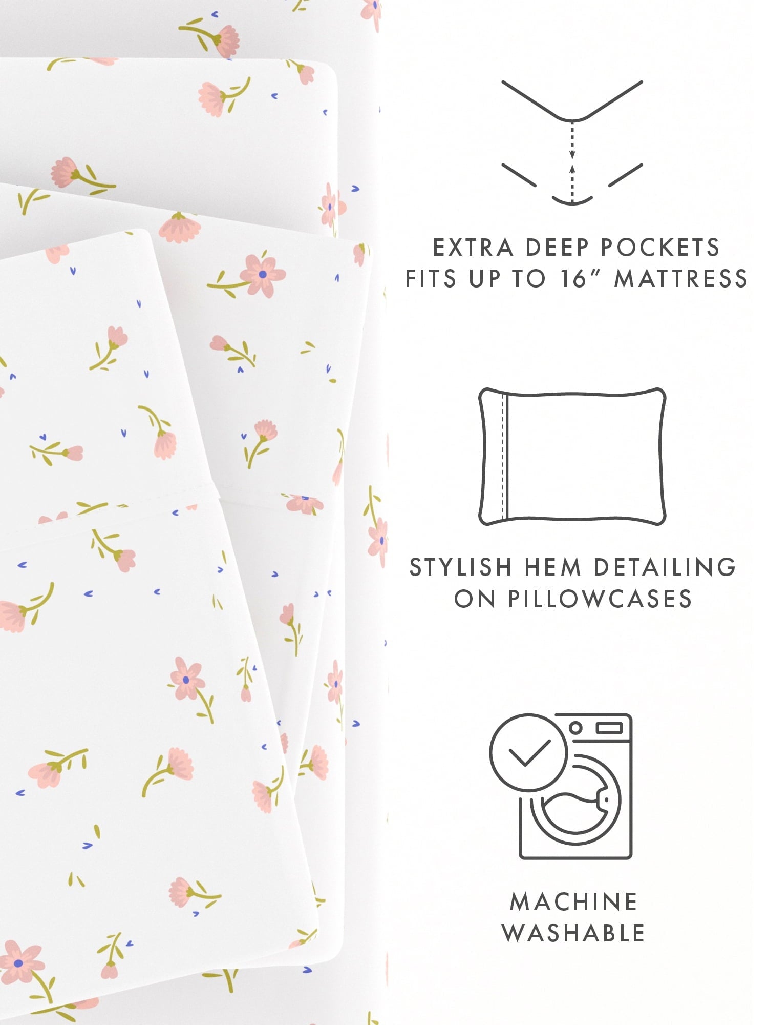 Breathable Luxury Ultra Soft & Breathable Wrinkle Free Bed Sheets Set - Floral Pink Farmhouse Patterned for Twin Size Bedding - Breathable Egyptian Cotton Flat & Fitted Sheets Detail