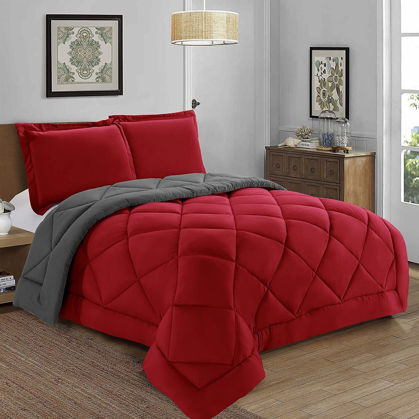 Heavyweight Warmth Reversible 3pc Comforter Set- Available In A Few Sizes And Colors , Full/Queen, Red/Gray - Cloud-Like Soft Lightweight Bed Comforter Detail