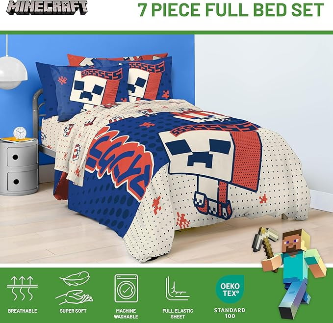 Luxurious Quilted 7 Piece Full Size Comforter Set with Shams - Kids & Teens Gaming Bedding - All-Season Down Alternative Comforter Insert Detail