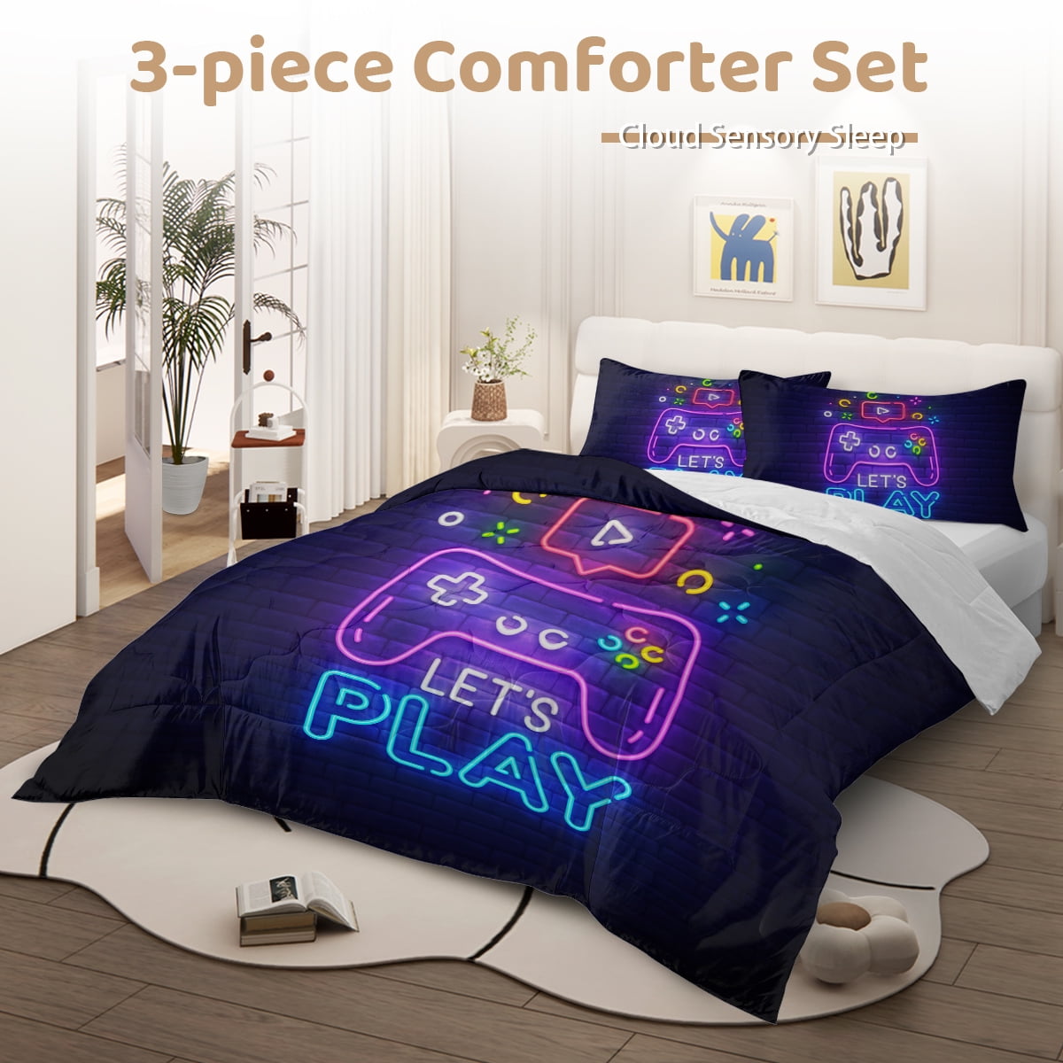 All-Season Gaming Comforter Set for Boys, 3-Piece Abstract Neon Kids Bedding Sets Twin Size - Cloud-Like Soft Lightweight Bed Comforter Detail