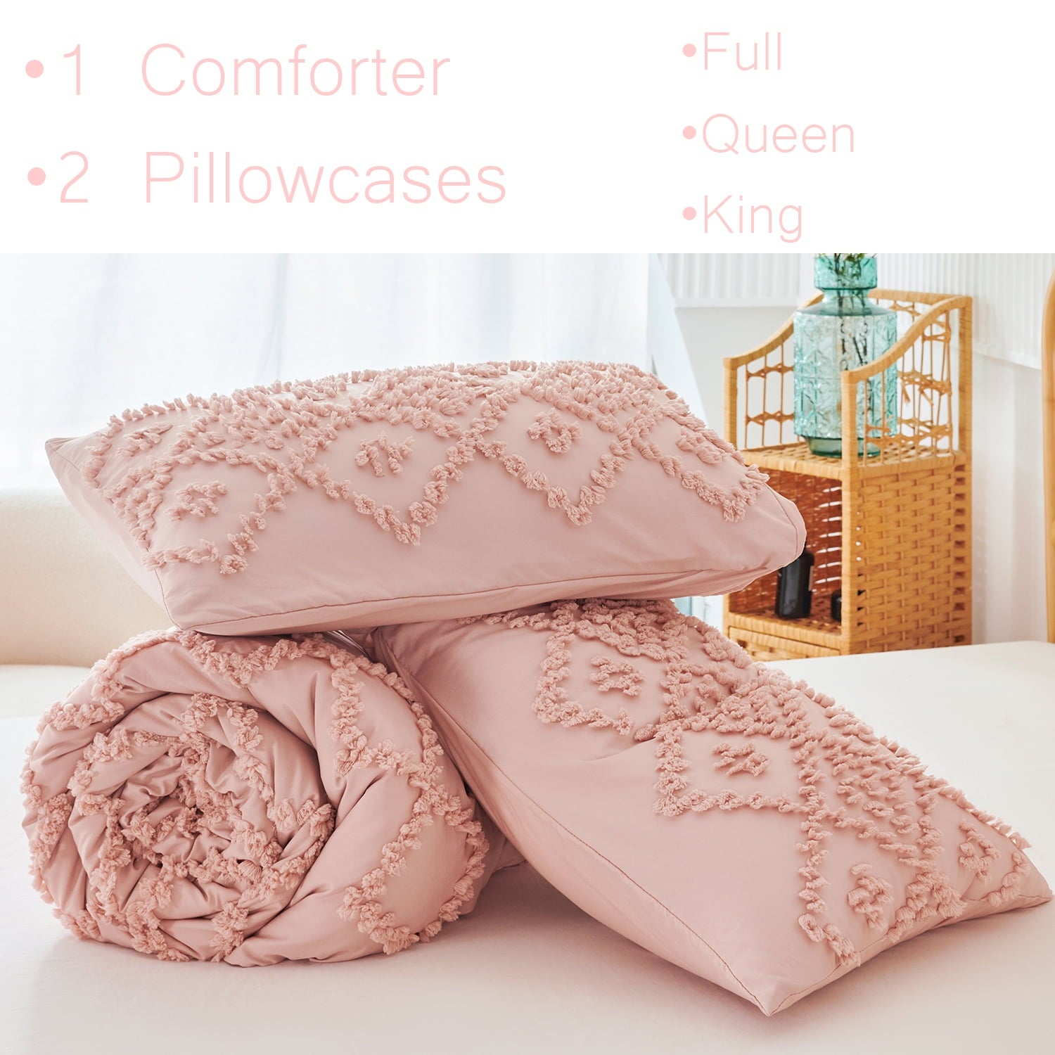 Luxurious Quilted Pink Diamond Jacquard Comforter Set Queen 3 Pcs Bohemian Tufts Quilt Set for Kids Girls Adult 100% Soft Microfiber Be... - Cloud-Like Soft Lightweight Bed Comforter Detail