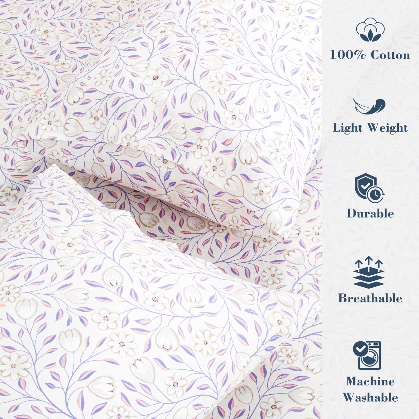 Ultra-Soft 100% Cotton Full Size Sheets,4 Piece Pure Percale Bed Sheets Set Deep Pocket Fits Mattress Upto 15",floral vine pattern - Luxury Bed Sheet Set with Deep Pockets Detail