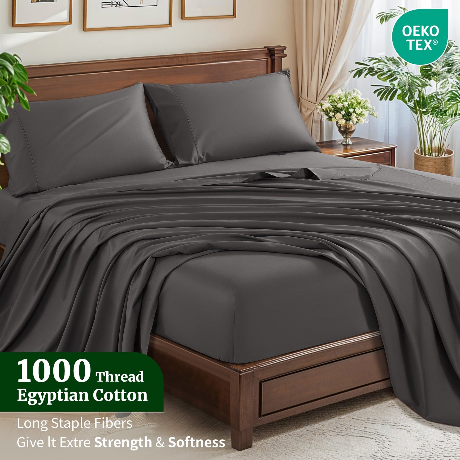 Wrinkle-Resistant 100% Cotton Bed Sheets Set, 1000 Thread Count 4 Piece Luxury Soft Sheets Set with 16" Deep Pocket, Queen, Dark Gray - Premium Ultra-Soft Pillowcase Pair for Sleeping Detail
