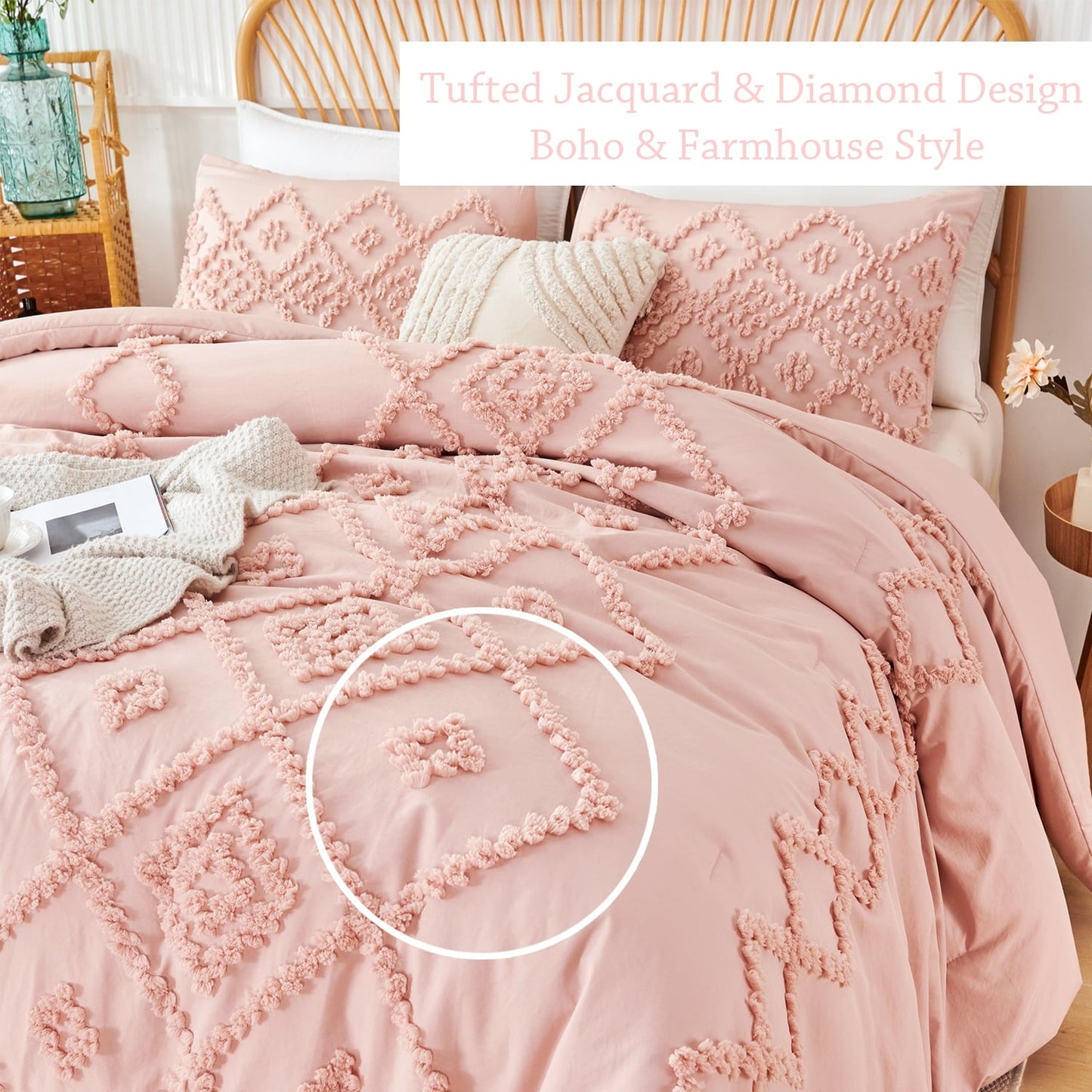 Luxurious Quilted Pink Diamond Jacquard Comforter Set Queen 3 Pcs Bohemian Tufts Quilt Set for Kids Girls Adult 100% Soft Microfiber Be... - Cloud-Like Soft Lightweight Bed Comforter Detail
