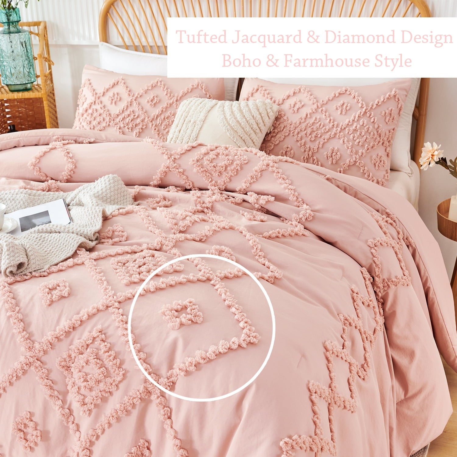 Luxurious Quilted Pink Diamond Jacquard Comforter Set Queen 3 Pcs Bohemian Tufts Quilt Set for Kids Girls Adult 100% Soft Microfiber Be... - Cloud-Like Soft Lightweight Bed Comforter Detail