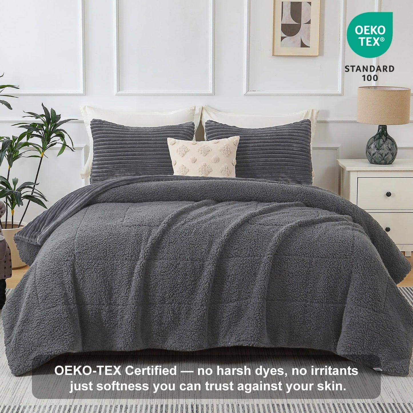 Fluffy Down Alternative 3 Piece Fleece Queen Comforter Set - Soft & Warm Fluffy Dark Gray Sherpa Bedding , Fuzzy Heavy Double Sided Design Wi... - Hypoallergenic Ultra-Fluffy Quilt for Winter Detail