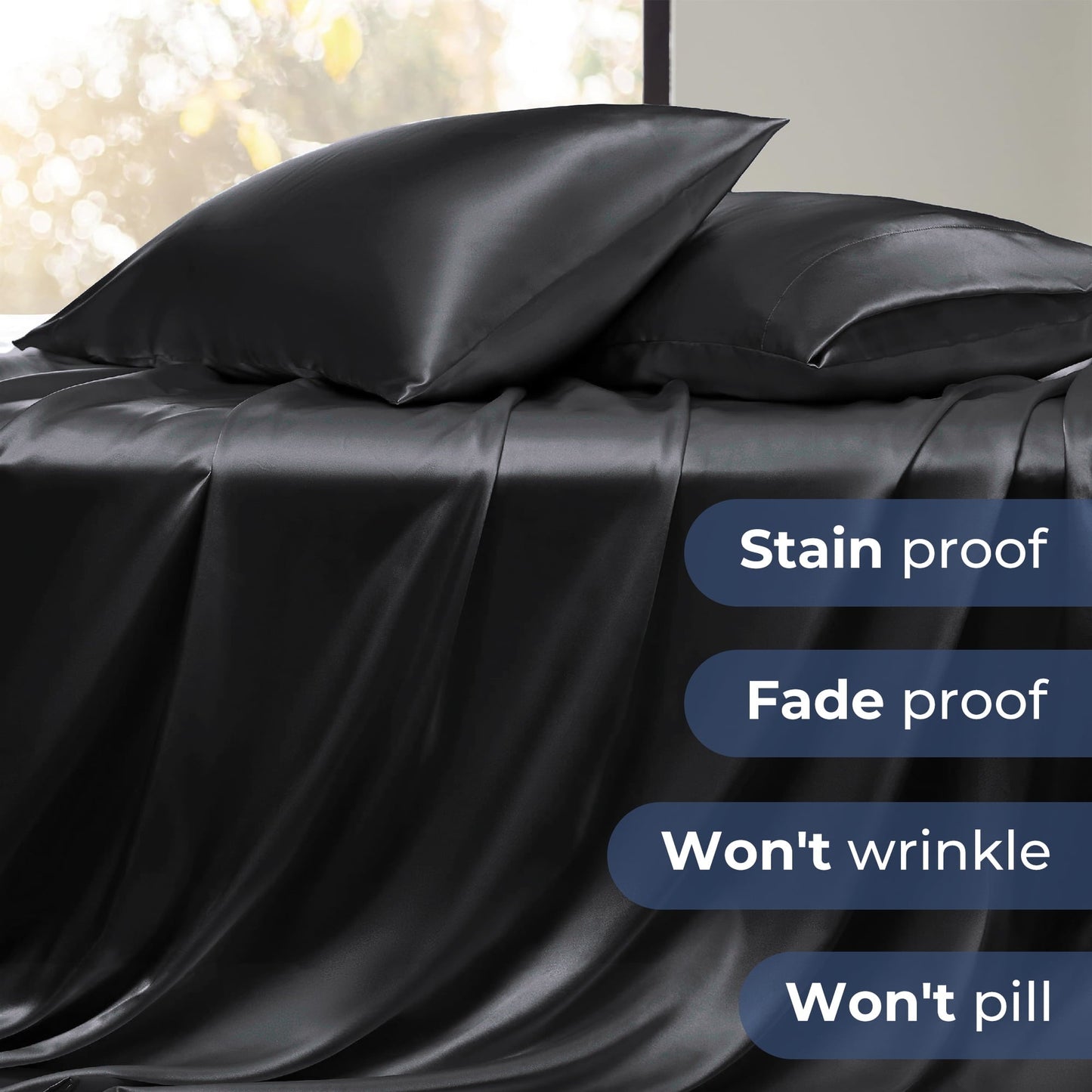 Breathable Luxury Set, Queen, Silky Bed s, 4 Pieces,Black - Luxury Bed Sheet Set with Deep Pockets Detail