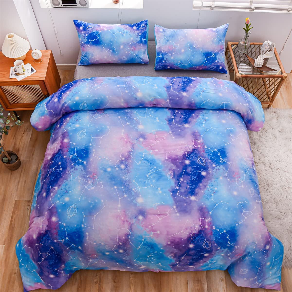 All-Season Tie Dye Constellation Ombre Comforter Set Twin Gradient Galaxy Bedding Set Blue Purple - Hypoallergenic Ultra-Fluffy Quilt for Winter Detail