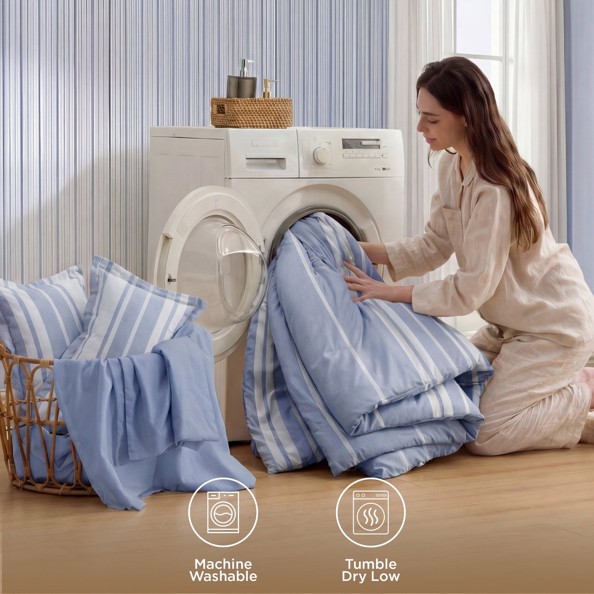 Fluffy Down Alternative Queen Comforter Set Blue, Bed in a Bag Queen Size Bedding 7-Pieces, Striped Bedding Set for All Seasons - Cloud-Like Soft Lightweight Bed Comforter Detail