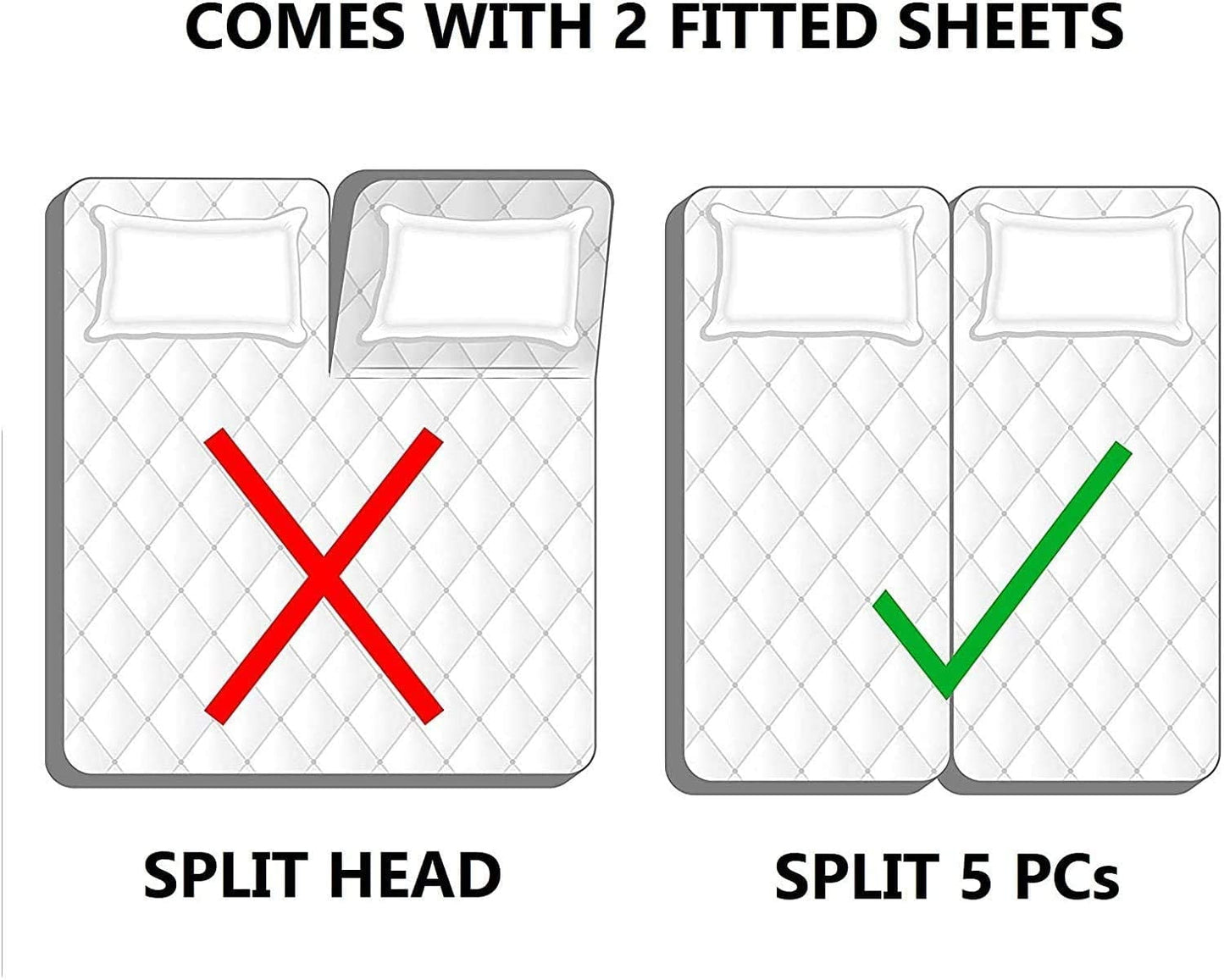 Cooling Sateen Split King Bed Sheet Set 5Pcs Adjustable Bed Sheets - 18" Deep Pocket of Fitted Sheet 800 Thread Count 100% Pure Egyp... - Cooling Hotel Quality Bedding Sheets and Pillowcases Detail