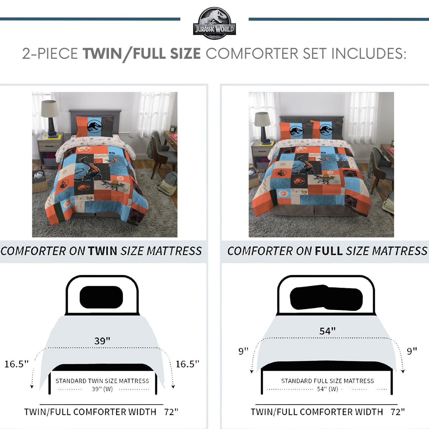 Luxurious Quilted Kids 2 Piece Blue Orange Reversible Dinosaur Comforter and Pillowcase set, Twin/full - Cloud-Like Soft Lightweight Bed Comforter Detail