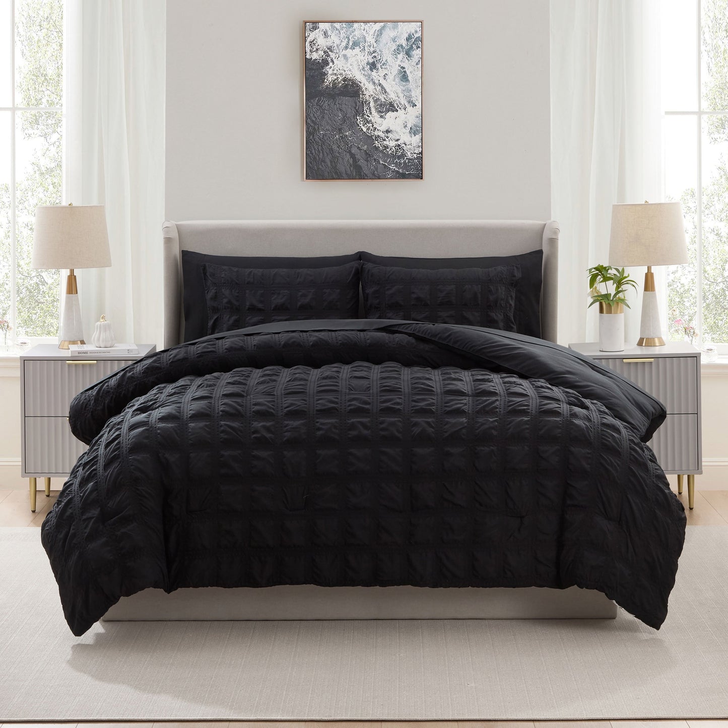 Heavyweight Warmth Queen Comforter Set, Seersucker Queen Size Comforter Set, 7-Pc All Season Bedding Comforter Set, Black - Luxurious Quilted Duvet Cover Set Detail