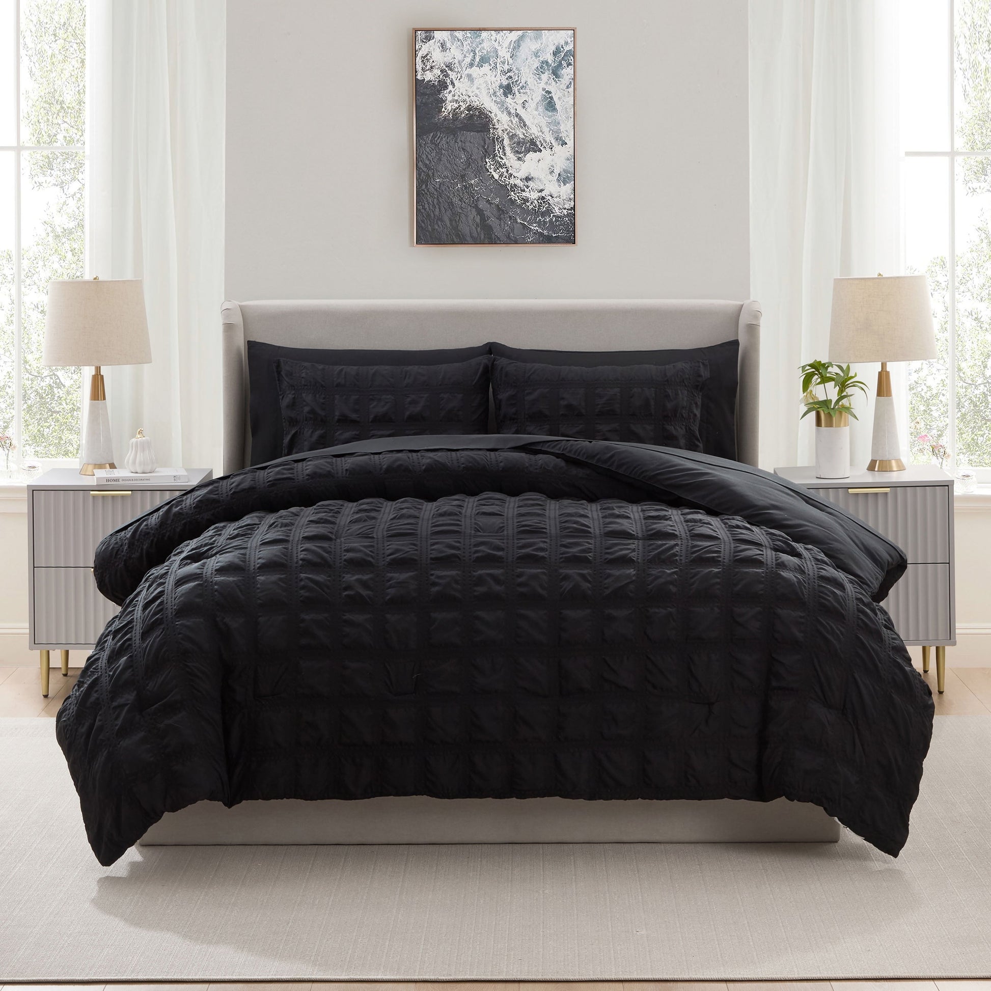 Heavyweight Warmth Queen Comforter Set, Seersucker Queen Size Comforter Set, 7-Pc All Season Bedding Comforter Set, Black - Luxurious Quilted Duvet Cover Set Detail