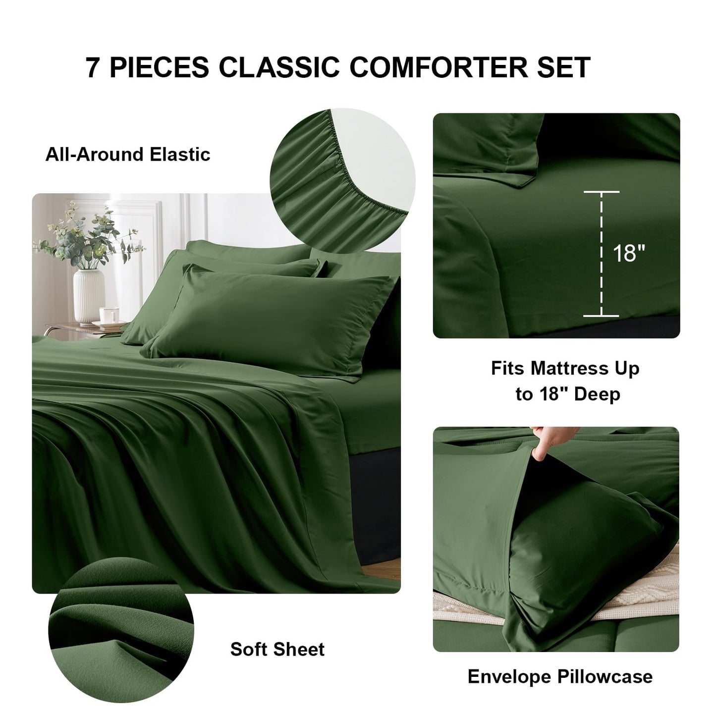 Fluffy Down Alternative Queen Comforter Set Forest Green Bed in a Bag Queen Size 7 Pieces Soft Bed Set Lightweight Microfiber Green Bedding C... - Hypoallergenic Ultra-Fluffy Quilt for Winter Detail