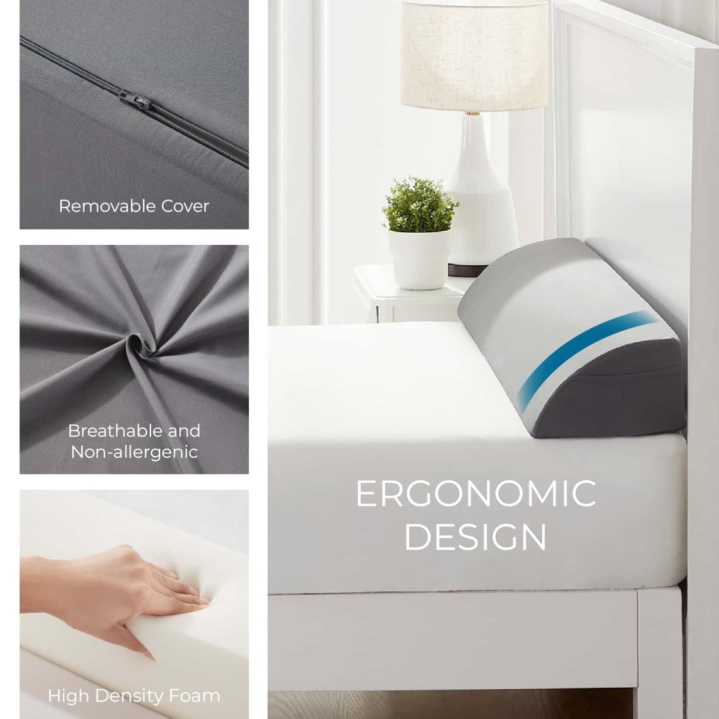 Orthopedic Support Bed Wedge Pillow for Headboard, Mattress Gap Filler Headboard Pillow, Queen Size - Ergonomic Memory Foam Pillow for Neck Pain Support Detail