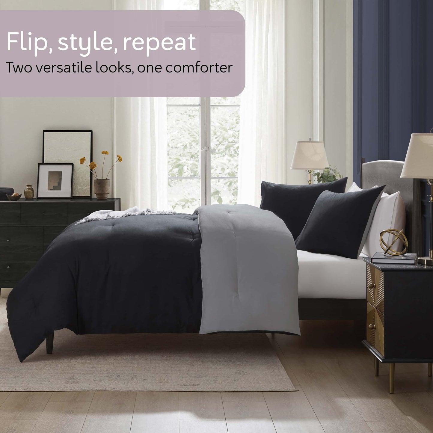 Fluffy Down Alternative Comforter Sets, All Season Lightweight Reversible Queen Comforter Set, 3-Pc Bedding Sets, Black/Charcoal gray - Luxurious Quilted Duvet Cover Set Detail