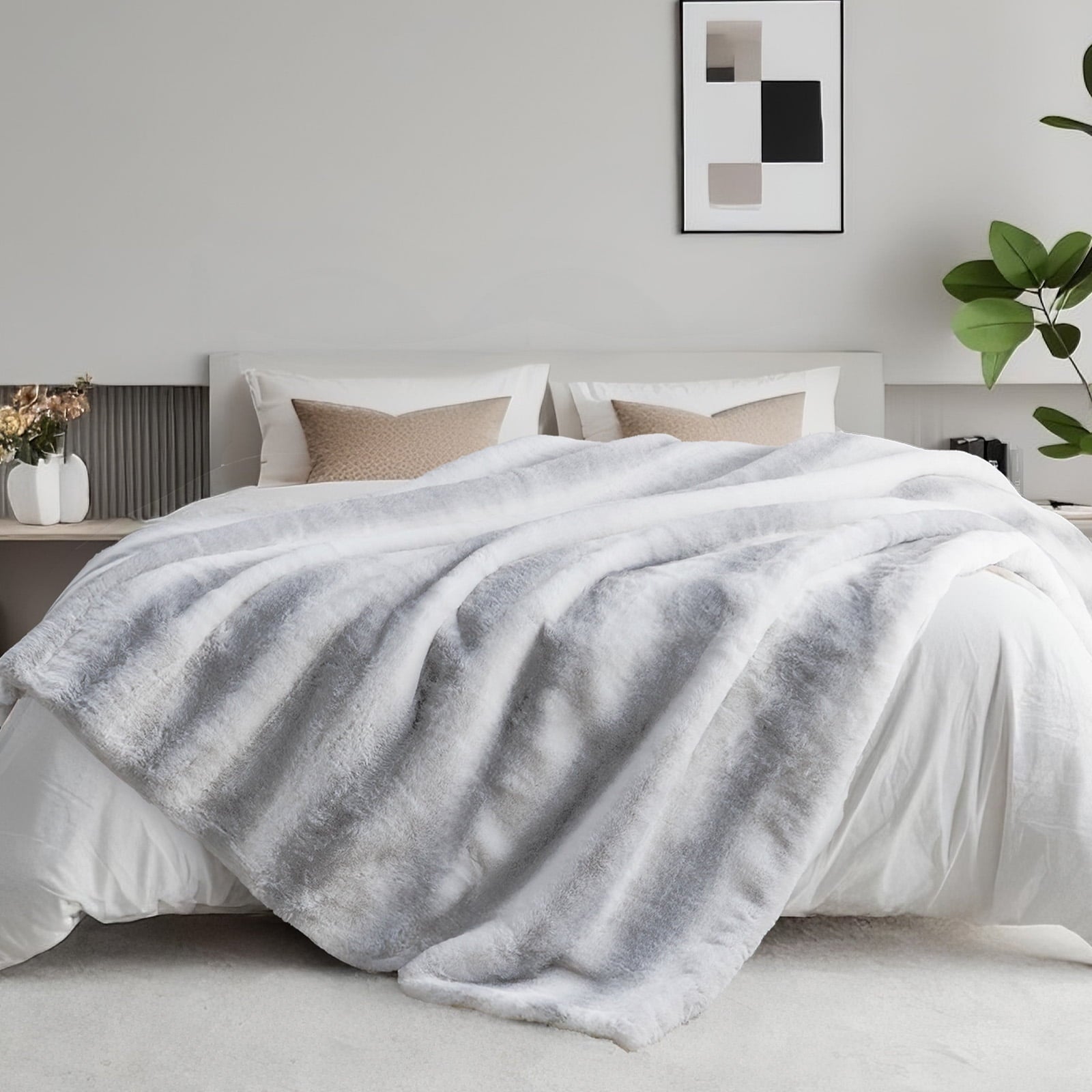 Decorative Knitted Luxury Faux Fur Throw Blanket for Bed Super Thick Warm Fuzzy Blankets for Bedroom Living Room, 60" x 80", White - Luxury Knitted Decorative Throw Blanket with Fringes Detail